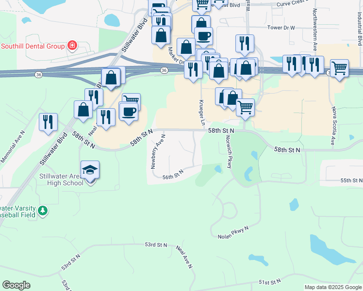 map of restaurants, bars, coffee shops, grocery stores, and more near 5601 Newgate Circle North in Oak Park Heights