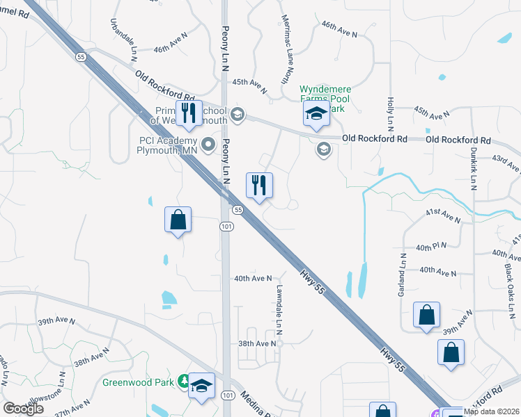 map of restaurants, bars, coffee shops, grocery stores, and more near 4201 Merrimac Lane North in Plymouth