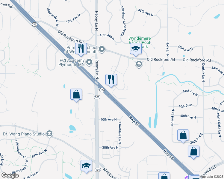map of restaurants, bars, coffee shops, grocery stores, and more near 85 41st Avenue North in Plymouth