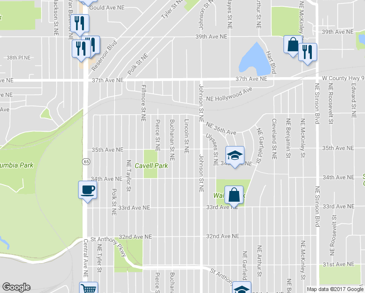 map of restaurants, bars, coffee shops, grocery stores, and more near 3500 Lincoln Street Northeast in Minneapolis