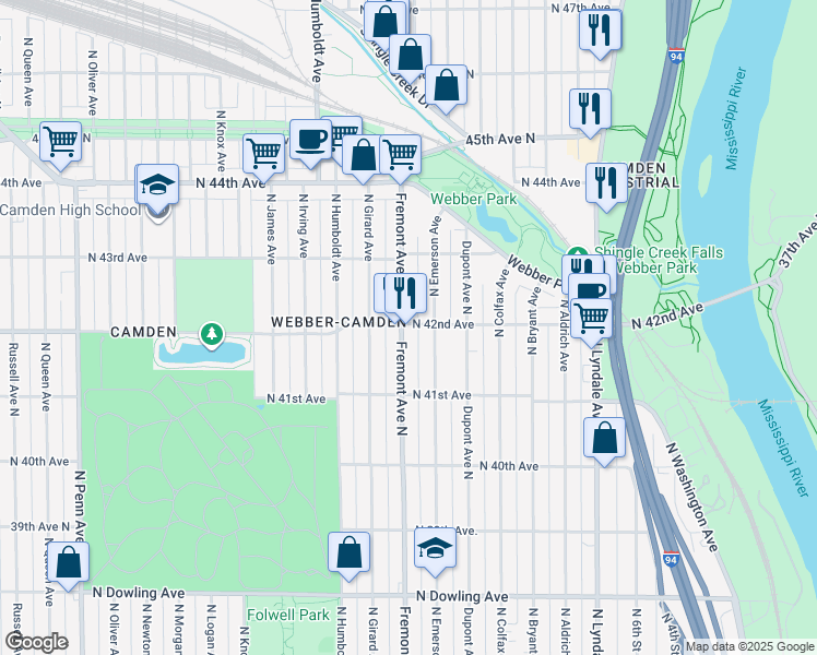 map of restaurants, bars, coffee shops, grocery stores, and more near 1223 North 42nd Avenue in Minneapolis