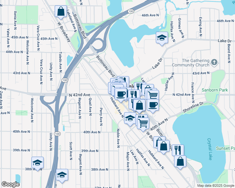 map of restaurants, bars, coffee shops, grocery stores, and more near in Robbinsdale