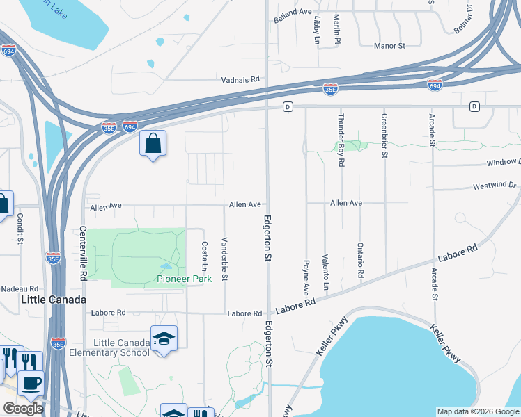map of restaurants, bars, coffee shops, grocery stores, and more near 3001 Edgerton Street in Little Canada