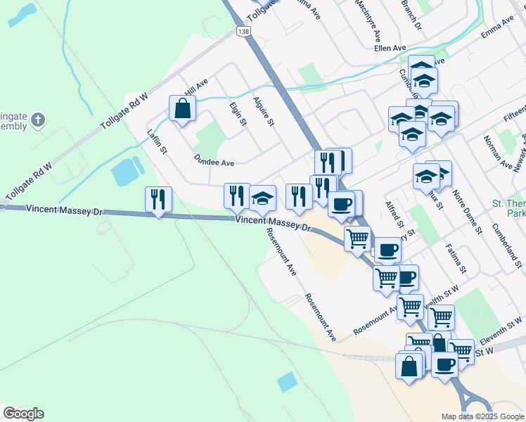 map of restaurants, bars, coffee shops, grocery stores, and more near 1541 Vincent Massey Drive in Cornwall