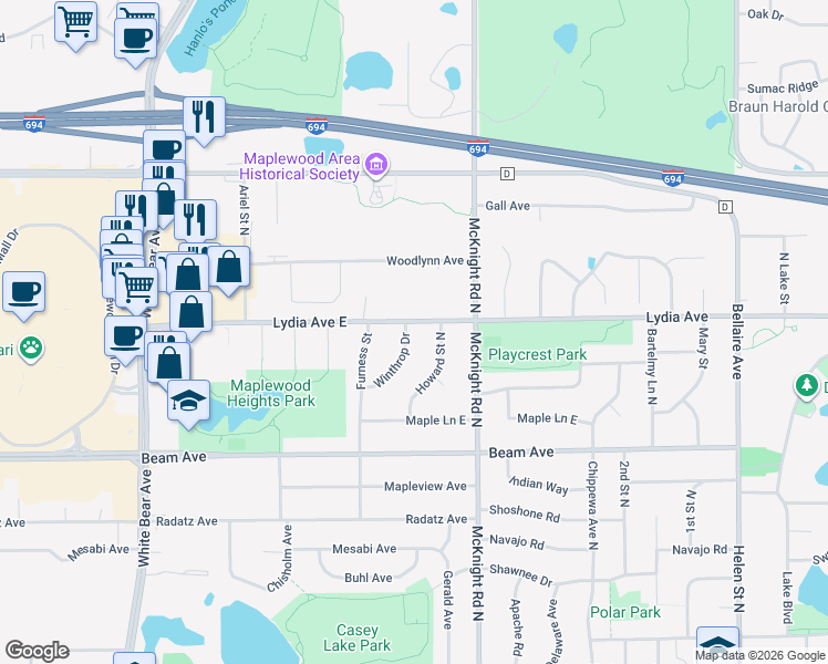 map of restaurants, bars, coffee shops, grocery stores, and more near 2994 Winthrop Drive in Saint Paul