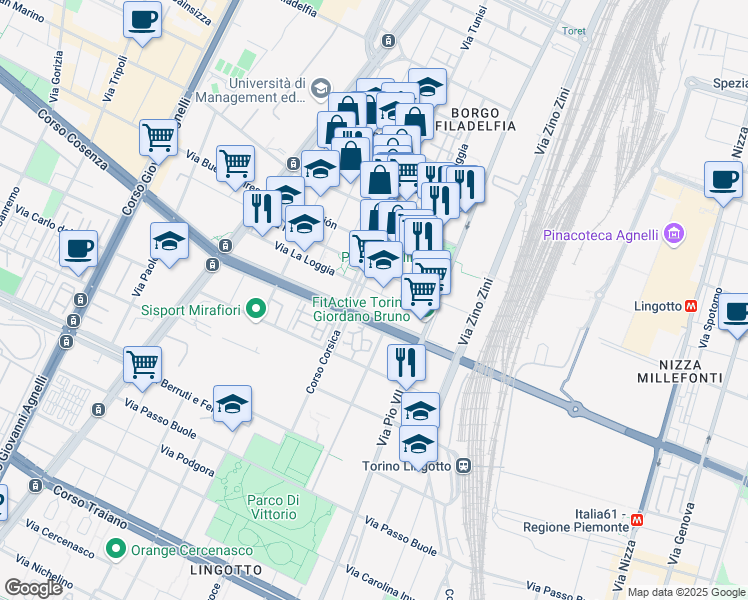 map of restaurants, bars, coffee shops, grocery stores, and more near 48 Via La Loggia in Torino