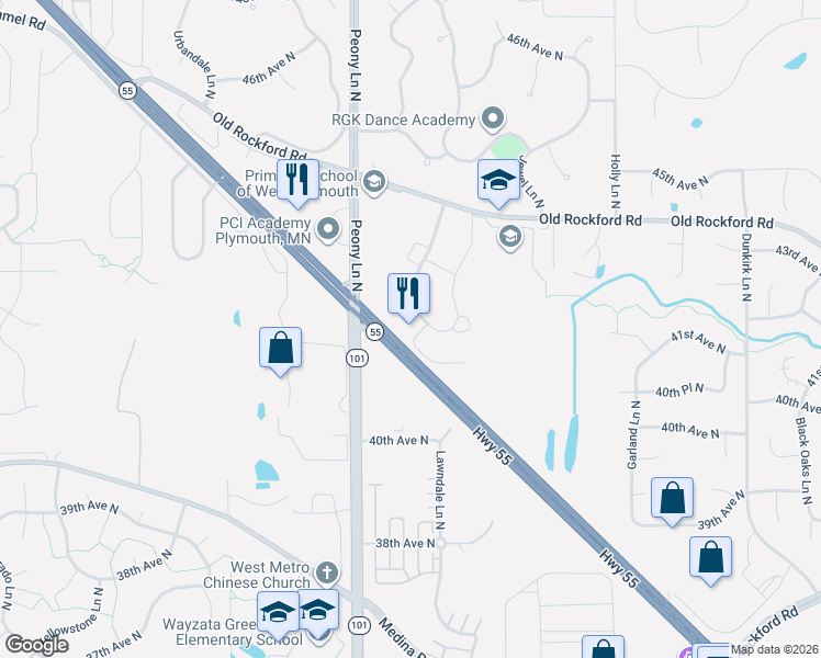 map of restaurants, bars, coffee shops, grocery stores, and more near 85 41st Avenue North in Plymouth