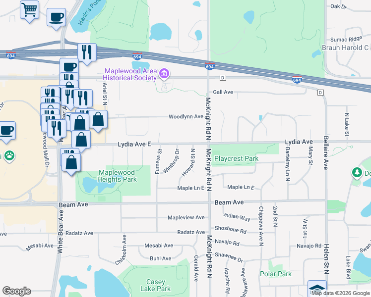 map of restaurants, bars, coffee shops, grocery stores, and more near 2994 Winthrop Drive in Saint Paul