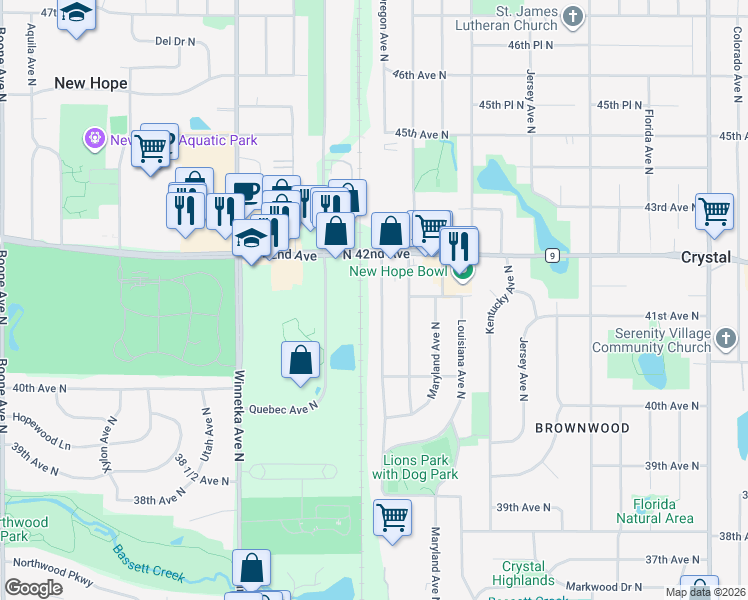 map of restaurants, bars, coffee shops, grocery stores, and more near 4061 Oregon Avenue North in Minneapolis