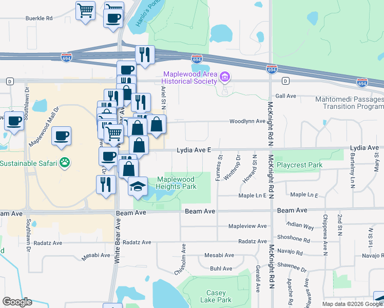 map of restaurants, bars, coffee shops, grocery stores, and more near 2996 Frederick Parkway in Saint Paul