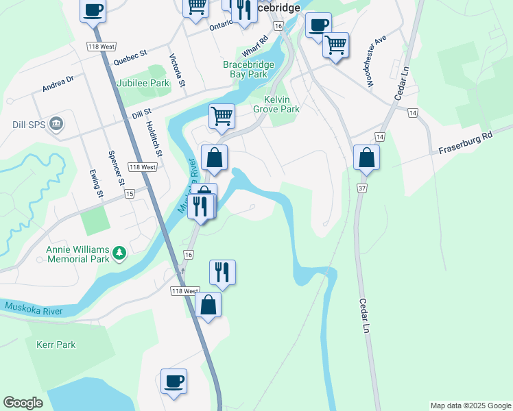 map of restaurants, bars, coffee shops, grocery stores, and more near 75-79 Southbank Drive in Bracebridge