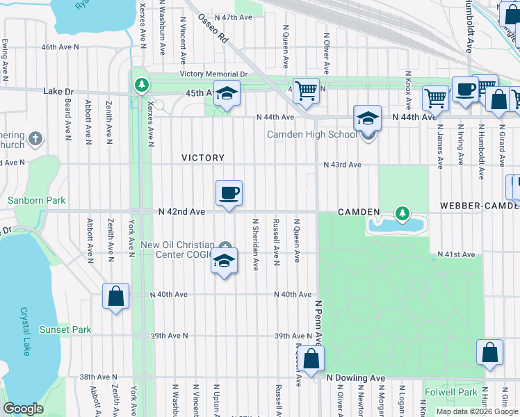map of restaurants, bars, coffee shops, grocery stores, and more near 4200 North Sheridan Avenue in Minneapolis