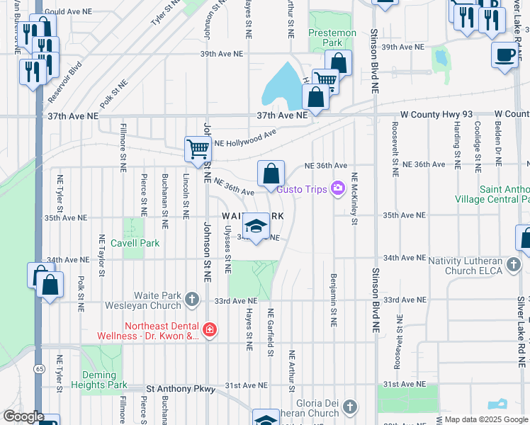 map of restaurants, bars, coffee shops, grocery stores, and more near 3436 Wilshire Place Northeast in Minneapolis