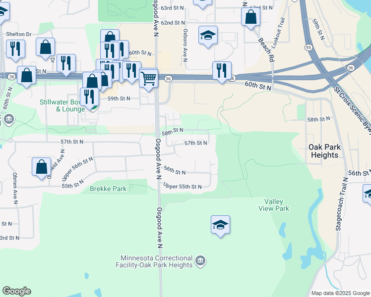 map of restaurants, bars, coffee shops, grocery stores, and more near 14843 57th Street North in Stillwater