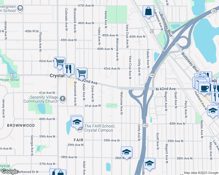 map of restaurants, bars, coffee shops, grocery stores, and more near 5701 North 42nd Avenue in Robbinsdale