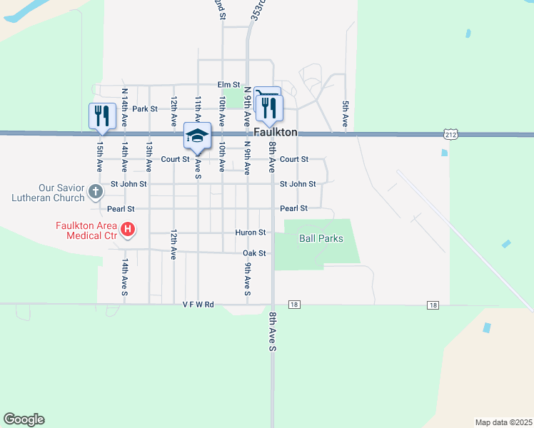 map of restaurants, bars, coffee shops, grocery stores, and more near 813-899 Pearl Street in Faulkton