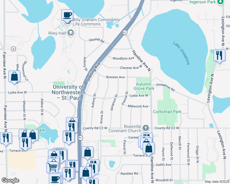 map of restaurants, bars, coffee shops, grocery stores, and more near 3003 Simpson Street in Roseville