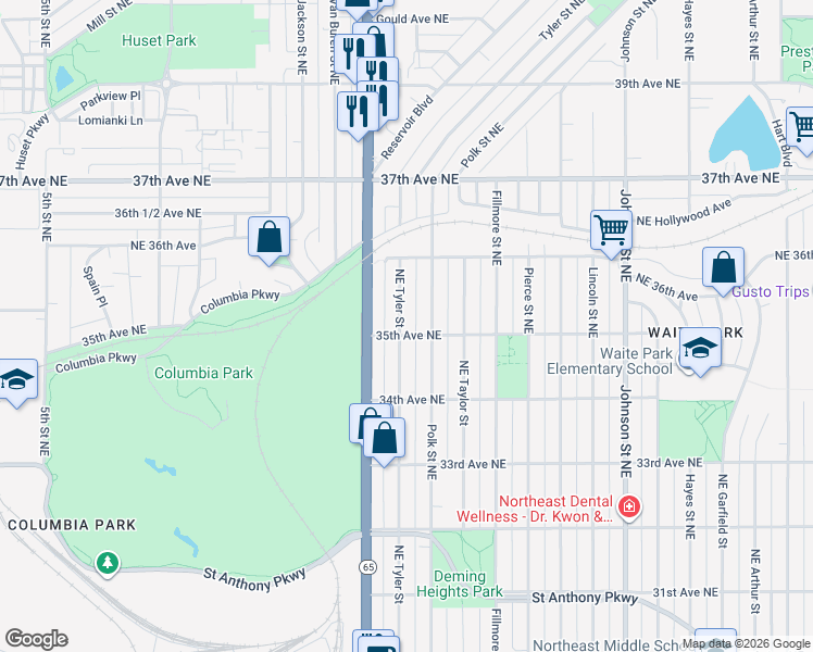 map of restaurants, bars, coffee shops, grocery stores, and more near 3507 Northeast Tyler Street in Minneapolis