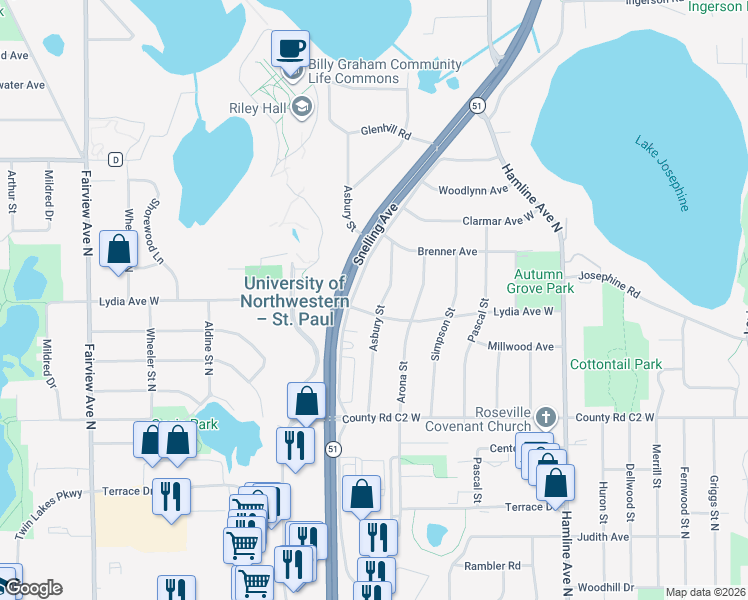 map of restaurants, bars, coffee shops, grocery stores, and more near 2999 Asbury Street in Roseville
