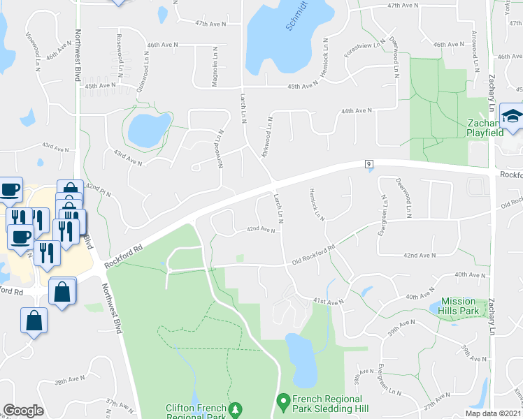 map of restaurants, bars, coffee shops, grocery stores, and more near 4240 Magnolia Lane North in Plymouth