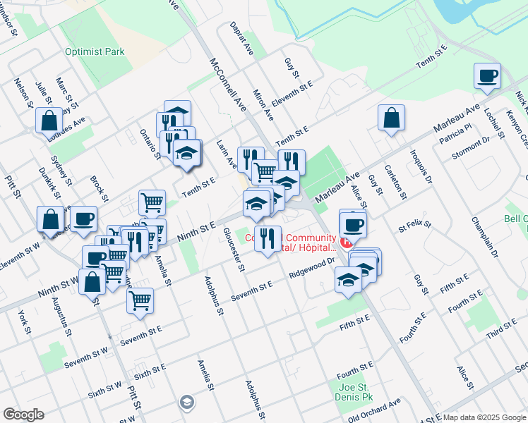 map of restaurants, bars, coffee shops, grocery stores, and more near 845 Marlborough Street in Cornwall
