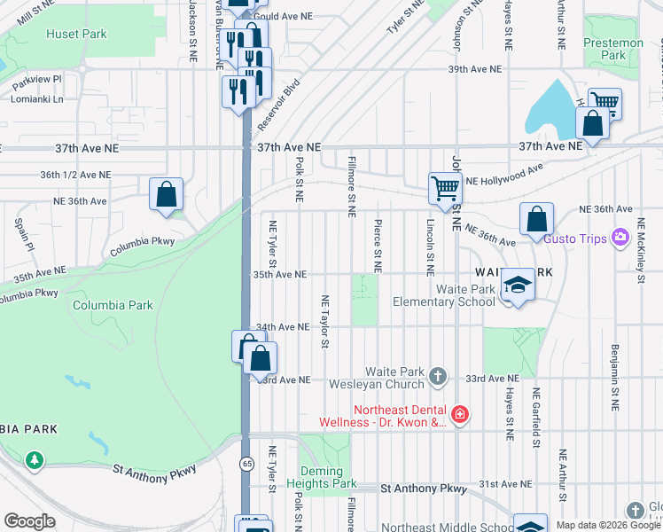 map of restaurants, bars, coffee shops, grocery stores, and more near 3507 Northeast Taylor Street in Minneapolis