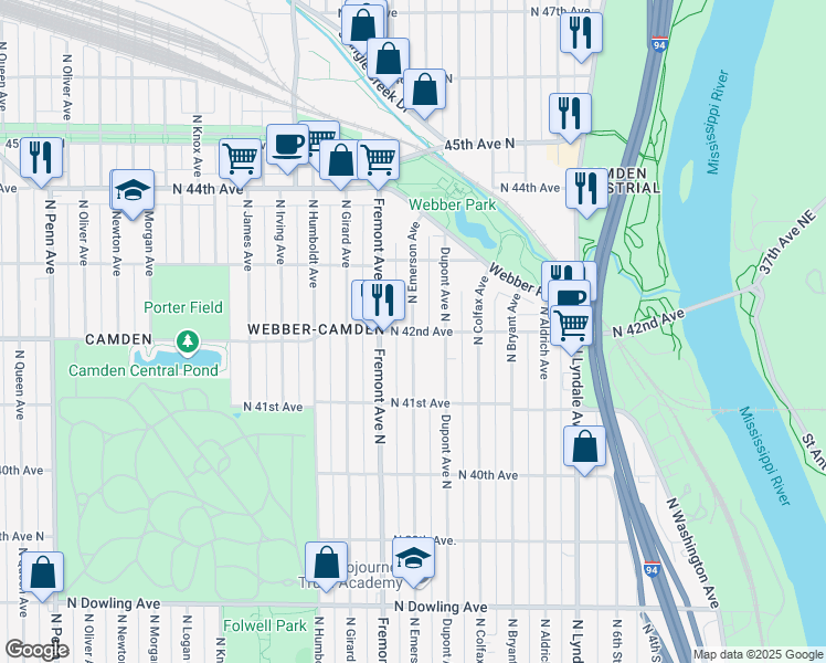 map of restaurants, bars, coffee shops, grocery stores, and more near 4200 N Emerson Ave in Minneapolis