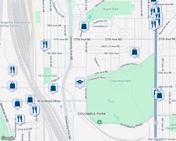 map of restaurants, bars, coffee shops, grocery stores, and more near 3469 5th Street Northeast in Minneapolis