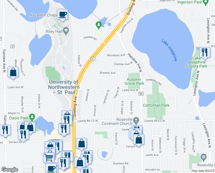 map of restaurants, bars, coffee shops, grocery stores, and more near 3003 Simpson Street in Roseville