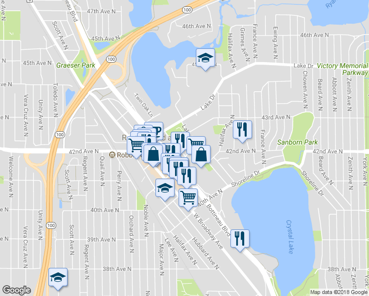 map of restaurants, bars, coffee shops, grocery stores, and more near 4100 Lakeview Avenue North in Minneapolis