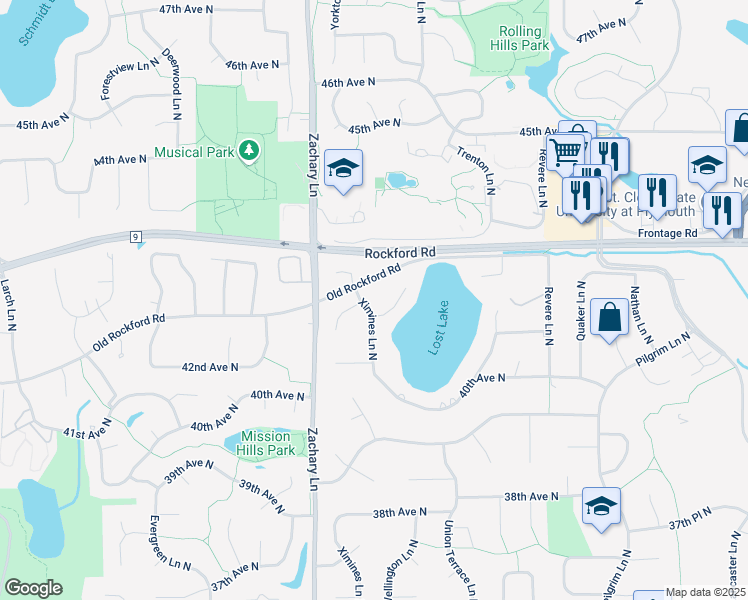 map of restaurants, bars, coffee shops, grocery stores, and more near 4180 Ximines Lane North in Plymouth