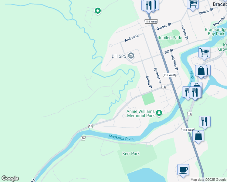 map of restaurants, bars, coffee shops, grocery stores, and more near 5 Gainsborough Road in Bracebridge