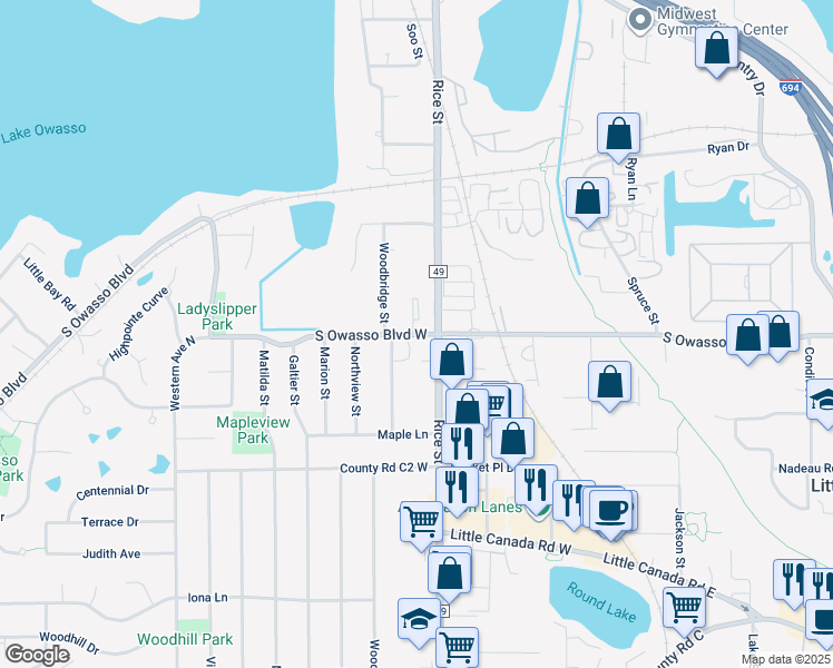 map of restaurants, bars, coffee shops, grocery stores, and more near 161 South Owasso Boulevard in Roseville