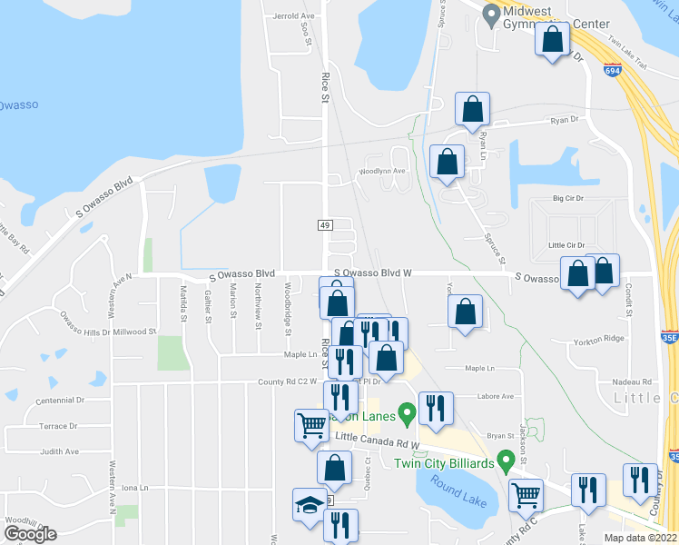 map of restaurants, bars, coffee shops, grocery stores, and more near 161 South Owasso Boulevard West in Little Canada
