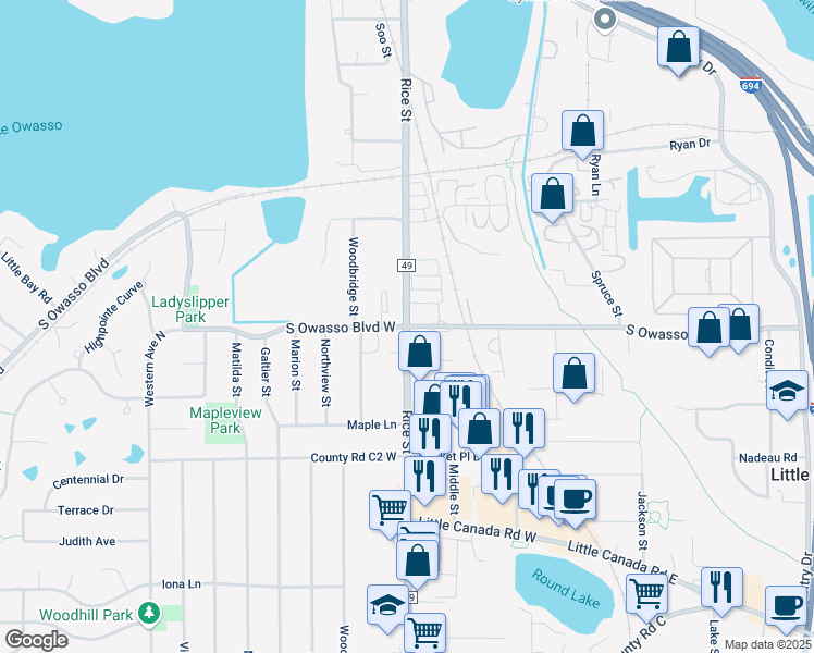 map of restaurants, bars, coffee shops, grocery stores, and more near Rice St & S Owasso Blvd in Roseville