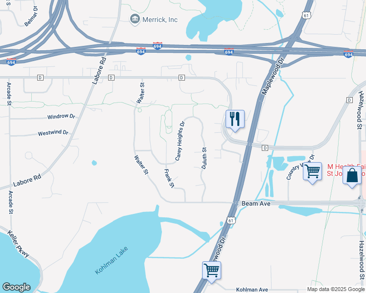 map of restaurants, bars, coffee shops, grocery stores, and more near 3000 Carey Heights Drive in Maplewood