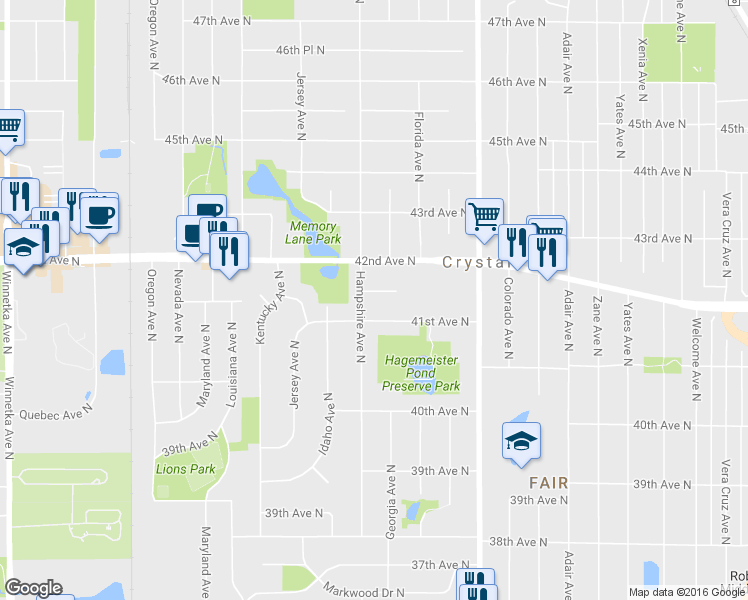 map of restaurants, bars, coffee shops, grocery stores, and more near 6621 41st Place North in Minneapolis