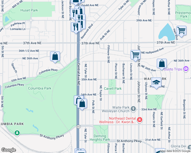 map of restaurants, bars, coffee shops, grocery stores, and more near 3507 Polk Street Northeast in Minneapolis