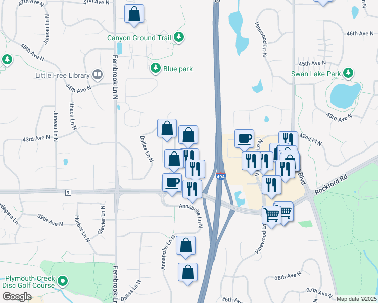 map of restaurants, bars, coffee shops, grocery stores, and more near 4150 Berkshire Lane North in Plymouth