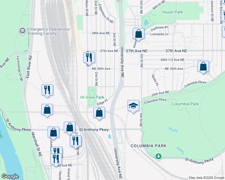 map of restaurants, bars, coffee shops, grocery stores, and more near 3474 3rd Street Northeast in Minneapolis