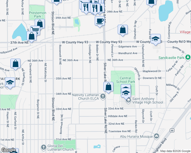 map of restaurants, bars, coffee shops, grocery stores, and more near 3501 Coolidge Street Northeast in Minneapolis