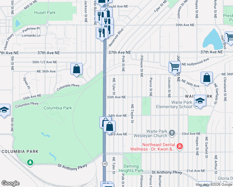 map of restaurants, bars, coffee shops, grocery stores, and more near 3507 Northeast Tyler Street in Minneapolis