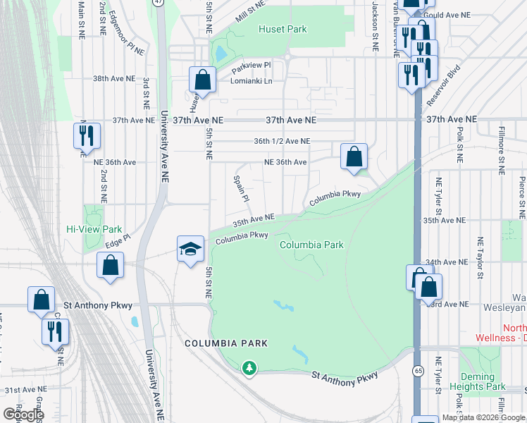 map of restaurants, bars, coffee shops, grocery stores, and more near 3501 35th Avenue Northeast in Minneapolis