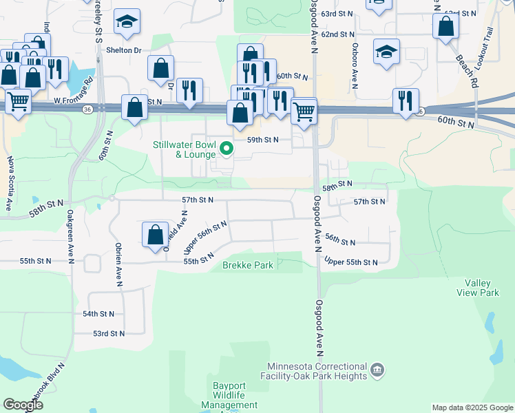 map of restaurants, bars, coffee shops, grocery stores, and more near 14583 57th Street North in Stillwater