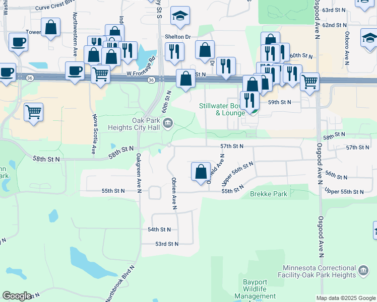 map of restaurants, bars, coffee shops, grocery stores, and more near 14247 57th Street North in Stillwater