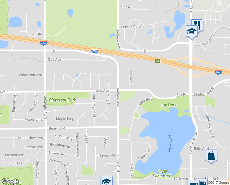 map of restaurants, bars, coffee shops, grocery stores, and more near 2997 Bellaire Avenue in Saint Paul