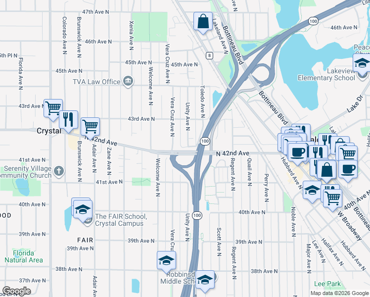 map of restaurants, bars, coffee shops, grocery stores, and more near 5400 North 42nd Avenue in Minneapolis