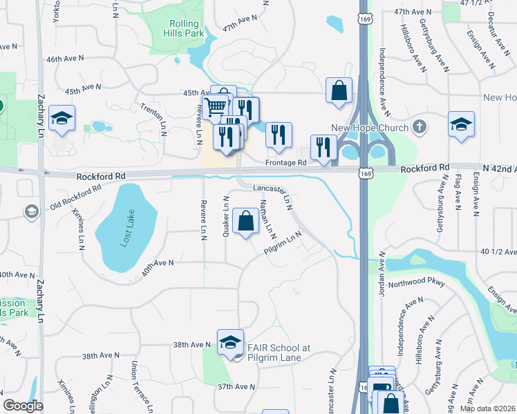 map of restaurants, bars, coffee shops, grocery stores, and more near 9920 41st Avenue North in Minneapolis