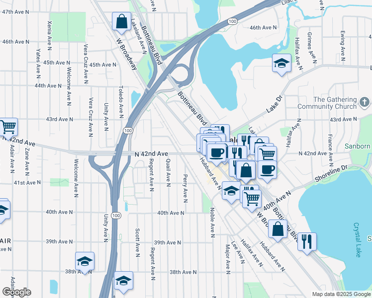 map of restaurants, bars, coffee shops, grocery stores, and more near 4750 North 42nd Avenue in Minneapolis
