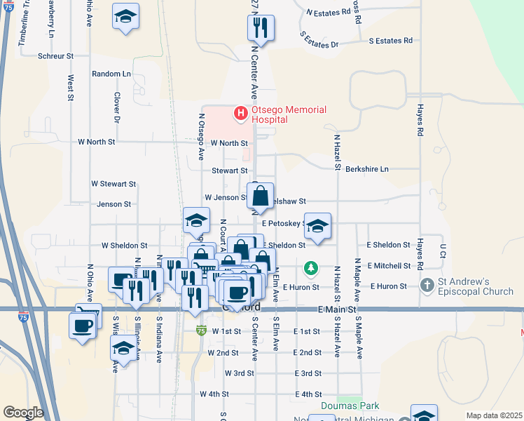 map of restaurants, bars, coffee shops, grocery stores, and more near 412 North Center Avenue in Gaylord